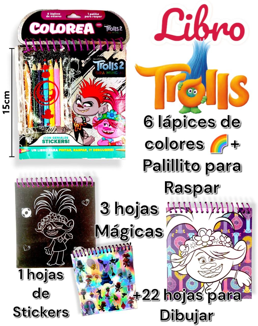 Libro colorea Trolls 2 ( Con espiral , papel magico y 6 lapices )